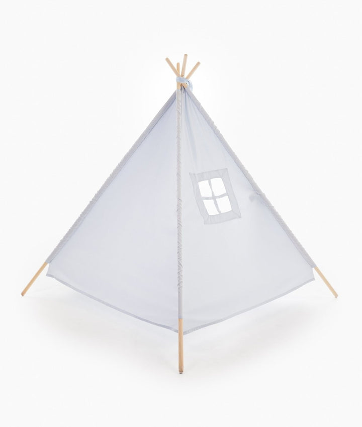 Front view of closed light blue teepee tent with four-pane window cutout