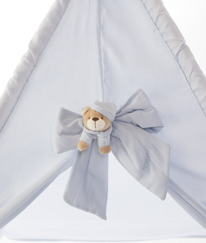 Decorative entrance tie on light blue teepee featuring plush teddy bear bow