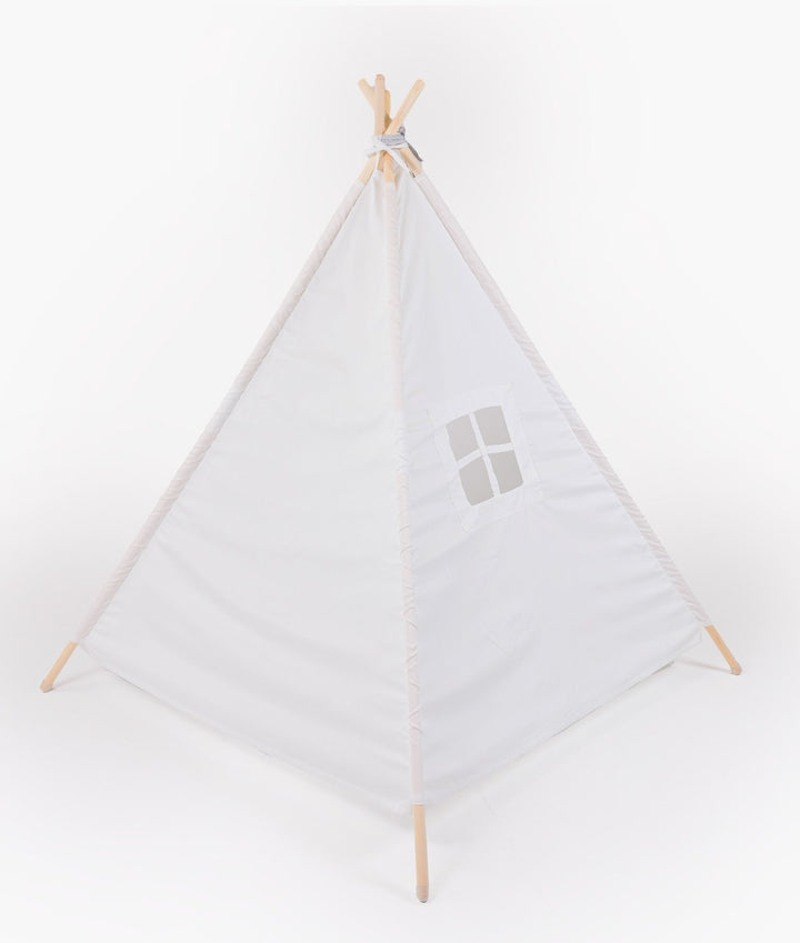 White teepee tent side view featuring a four-pane square window design on fabric