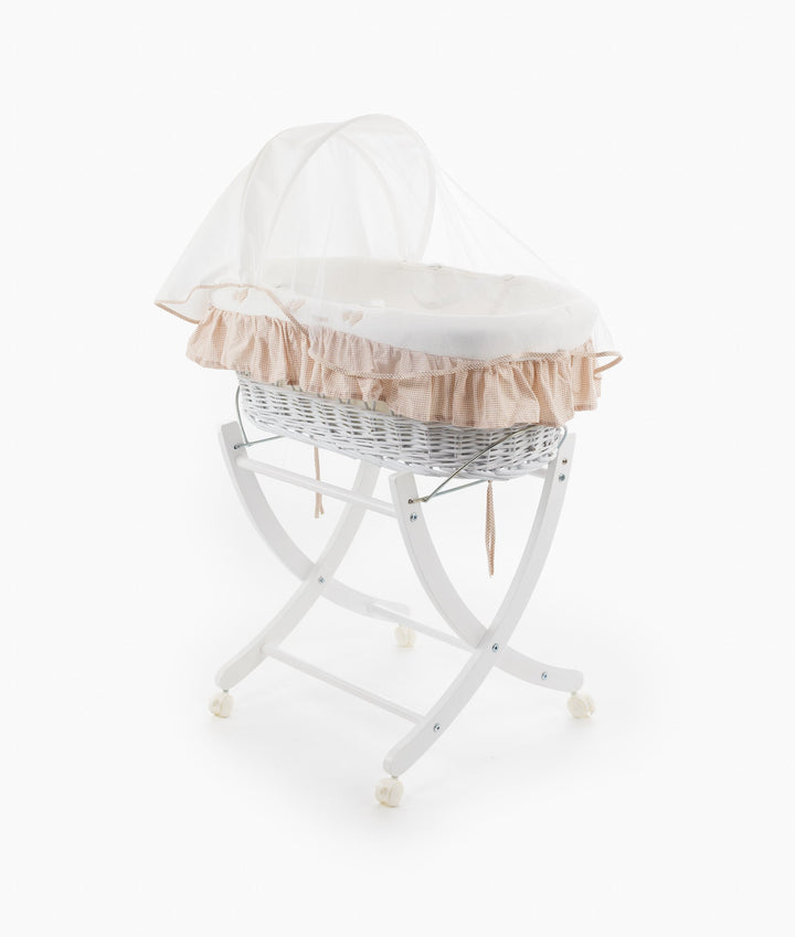 Beige Moses basket and wooden stand set for newborns
