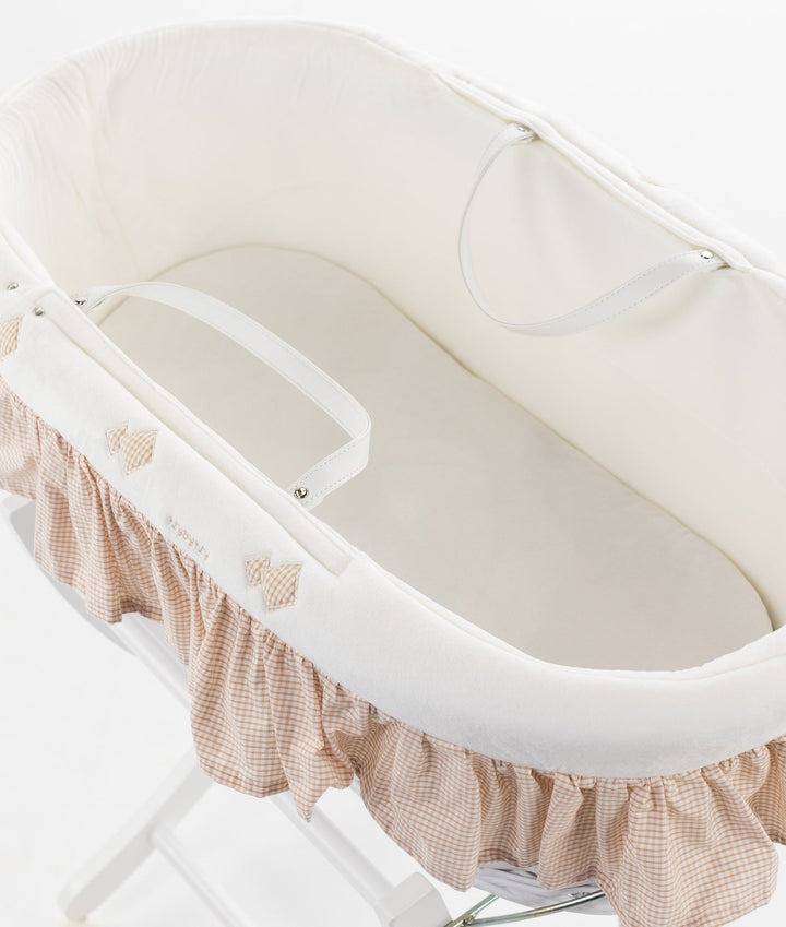 Beige Moses basket and wooden stand set for newborns