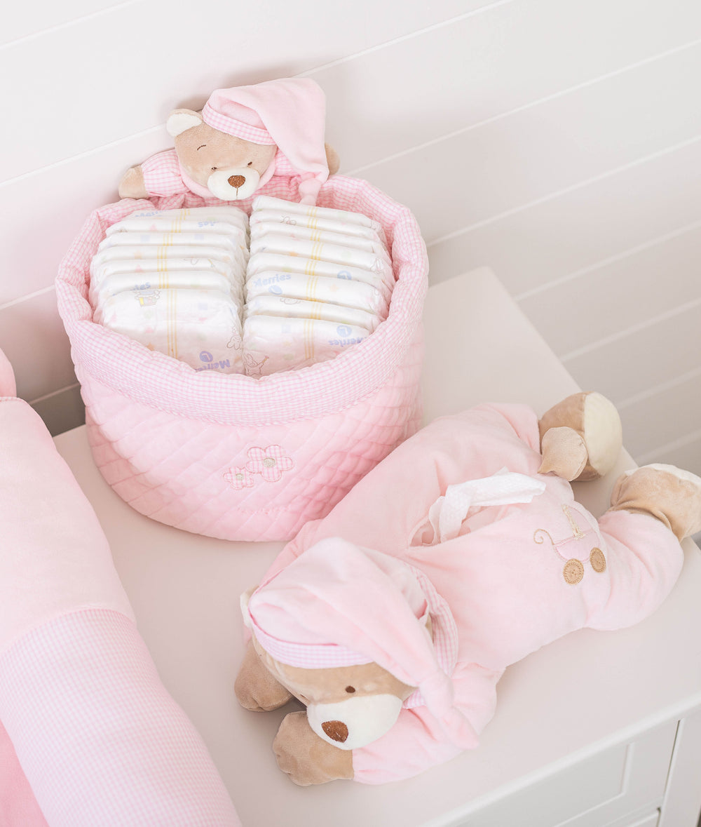 Baby nappy caddy for nursery in pink