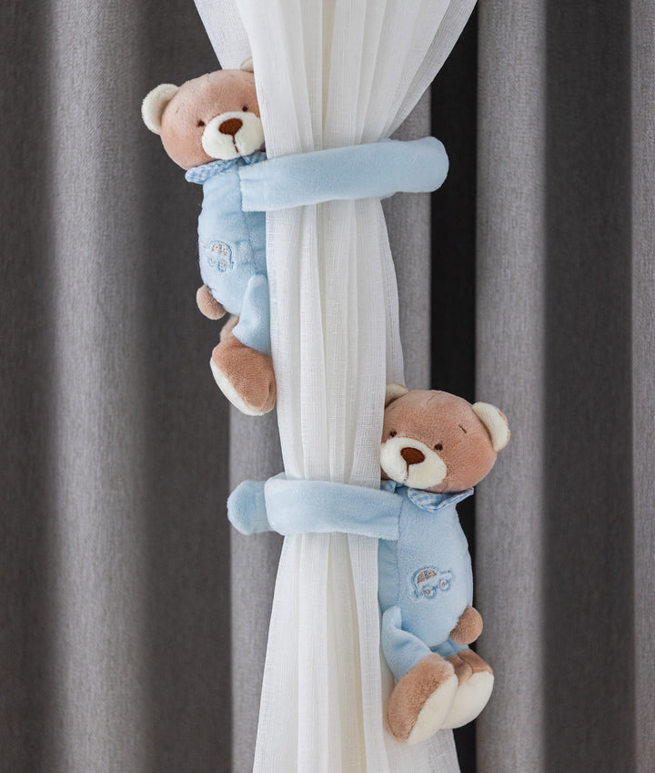 Blue bear curtain tieback for nursery