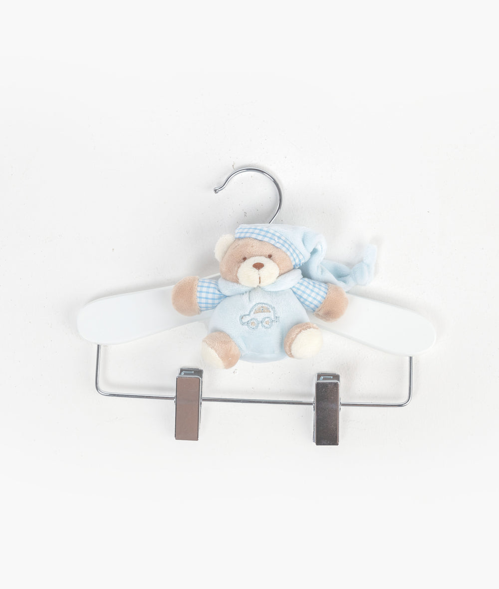 Blue wooden hanger with clips