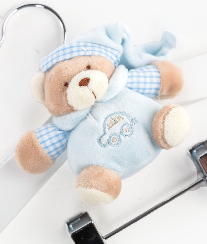 Blue wooden hanger with clips