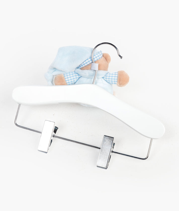 Blue wooden hanger with clips
