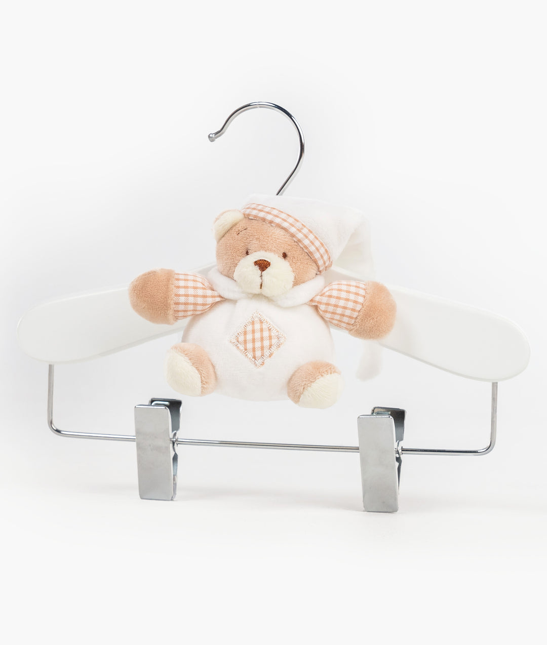 White and beige wooden hanger with clips